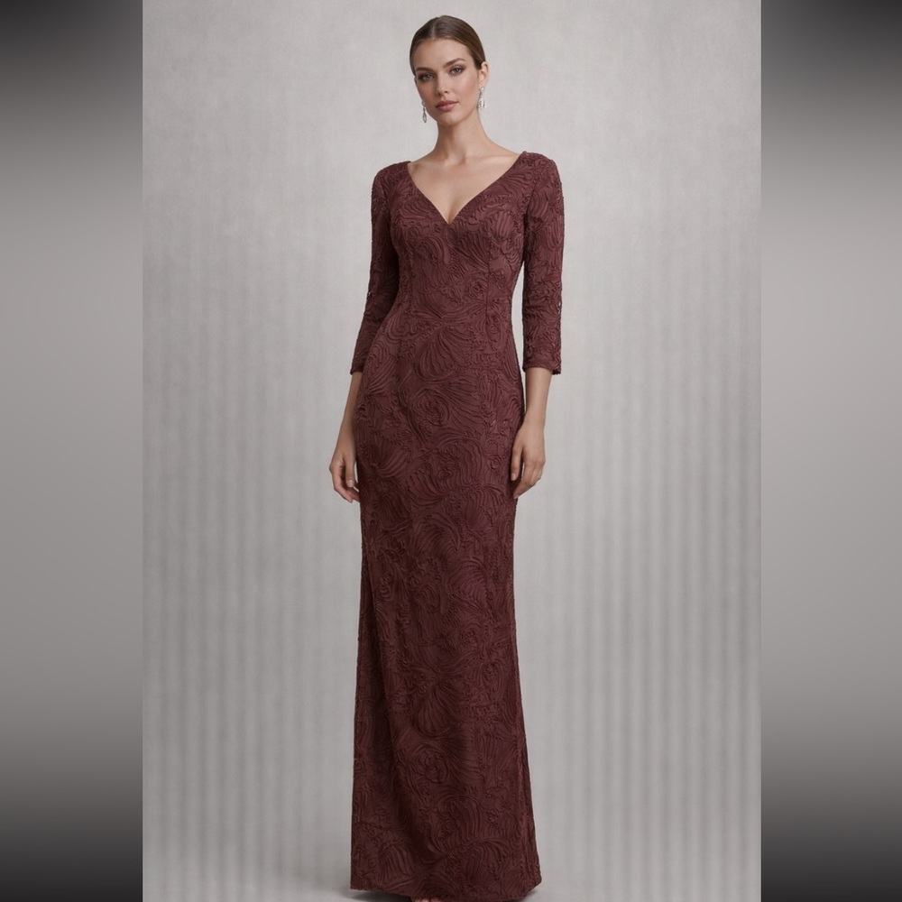 Aidan Mattox Maroon V-Neck Long Sleeve Dress